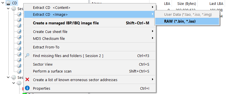 IsoBuster - Extract Options