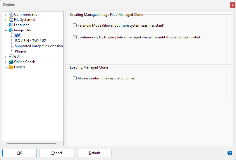 IsoBuster - Image File Creation Settings