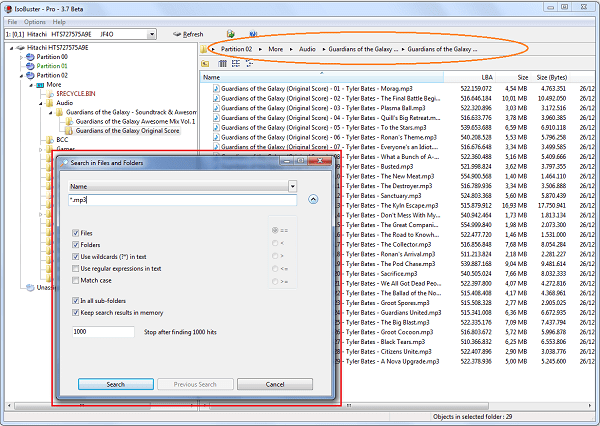 IsoBuster 3.7 Beta: Screenshot mit Brotkrümelnavigation und neuer Suchfunktion