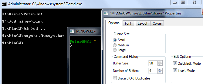 Console MinGW / Propriétés de MSYS