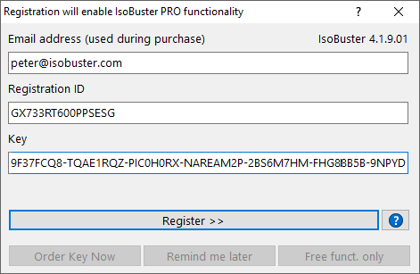 IsoBuster - Registrierung der PRO-Funktionalität