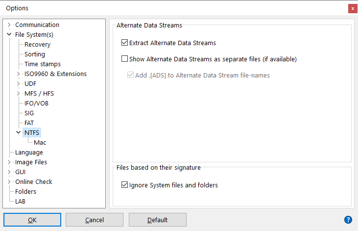 IsoBuster - NTFS Dateisystemeinstellungen