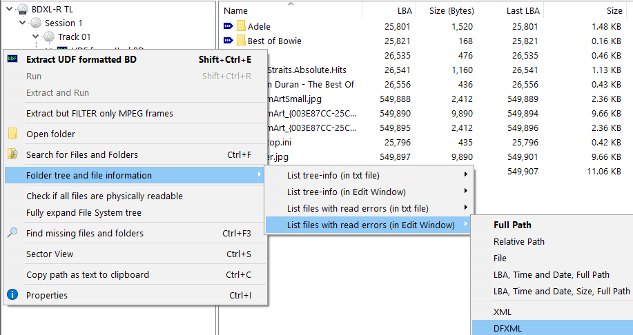 IsoBuster - Directory tree and file information