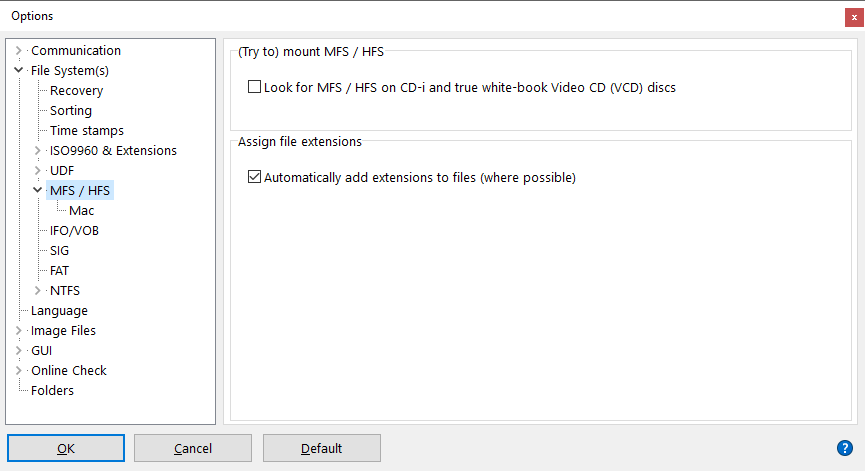 IsoBuster - HFS File System Settings (Scan Options)