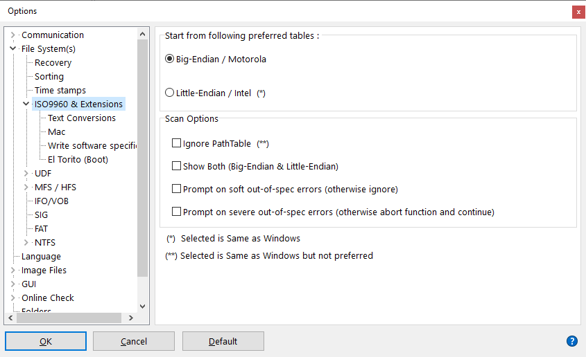 IsoBuster - ISO File System Settings (Scan Options)