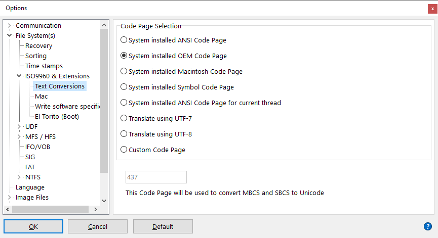 IsoBuster - ISO File System Settings (Text Conversions)