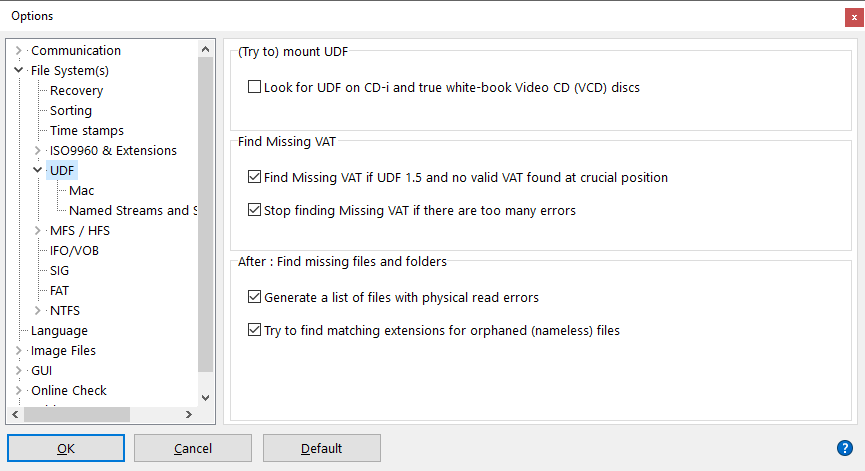 IsoBuster - UDF File System Settings (Scan Options)