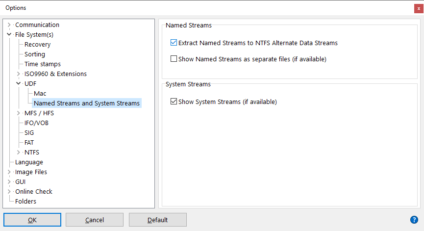 IsoBuster - UDF File System Settings (Streams)