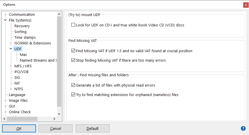 IsoBuster - Configuration du Système de Fichiers UDF (Options d'Examen)