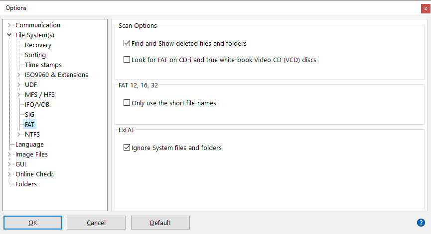 IsoBuster - Impostazioni File System FAT