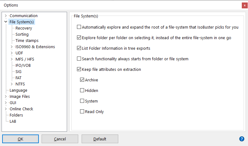 IsoBuster - Impostazioni generali File System