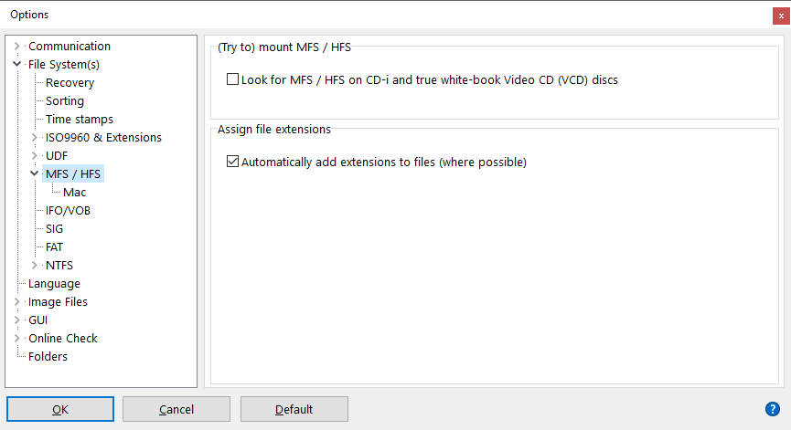 Impostazioni File System HFS (Scansione)