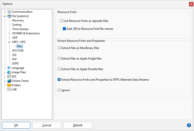 IsoBuster - Impostazioni File System HFS (Mac)