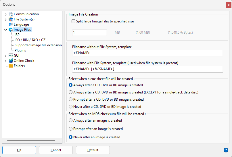 IsoBuster - Impostazioni Creazione File Immagine