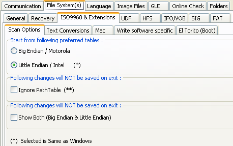 ISO ファイル システム設定 (スキャン オプション)
