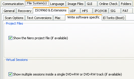 ISO ファイル システム設定 (書き込みソフトウェア固有)